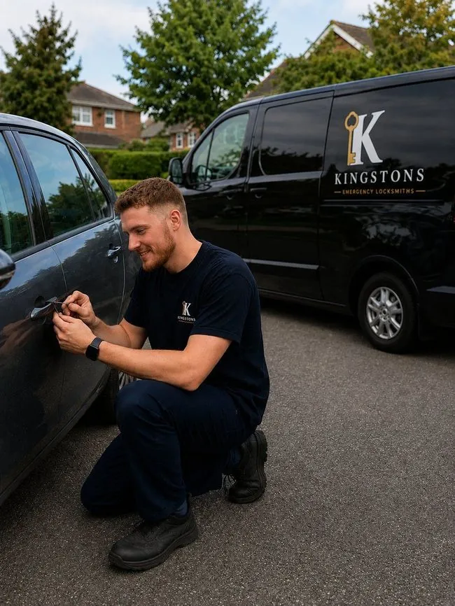 Locksmith carrying out a car lockout using non-destructive entry tools