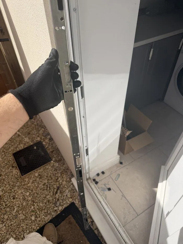 Multi-point door mechanism exposed for inspection after a dropped door caused a faulty euro cylinder, Long Hanborough